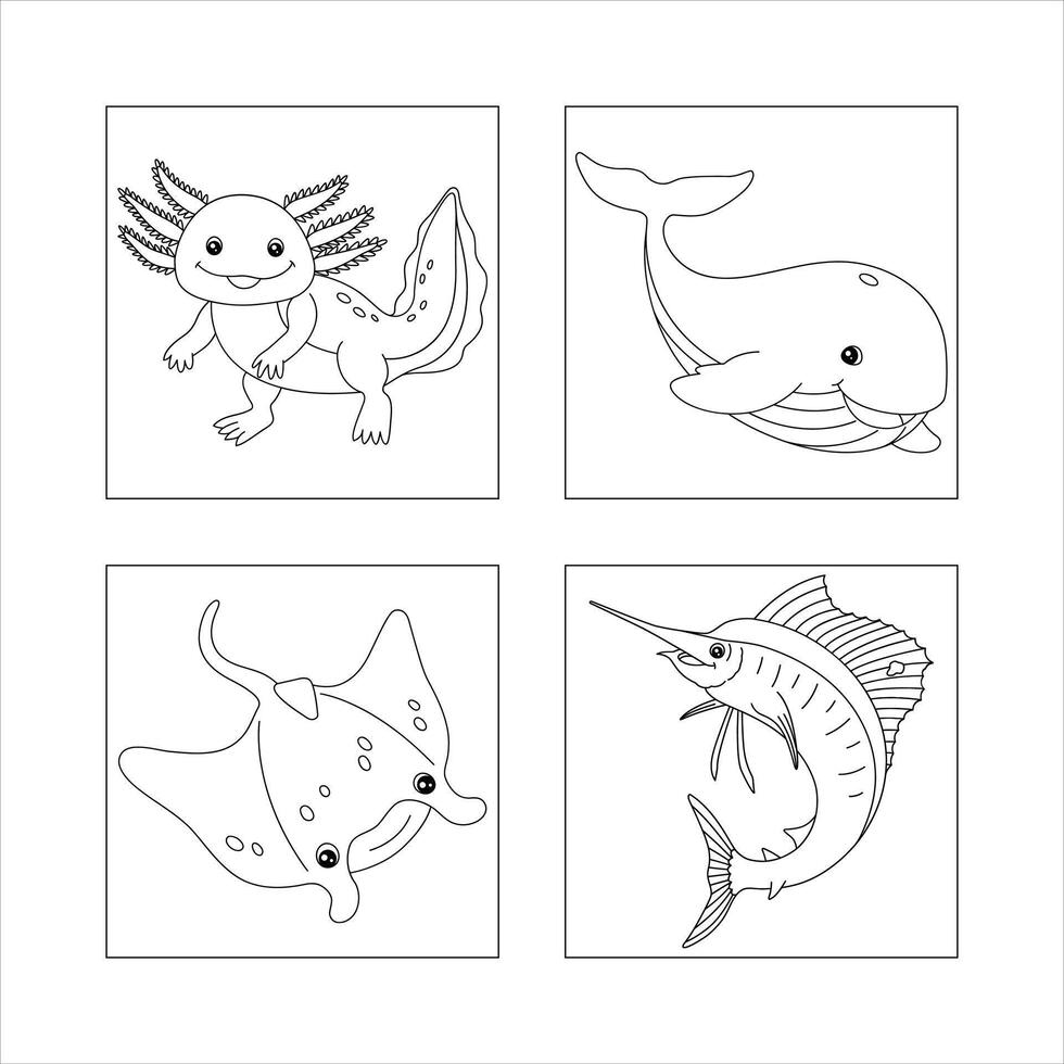 Under The Sea Coloring Page With Axolotl,Whale,Stingray,And Sailfish vector