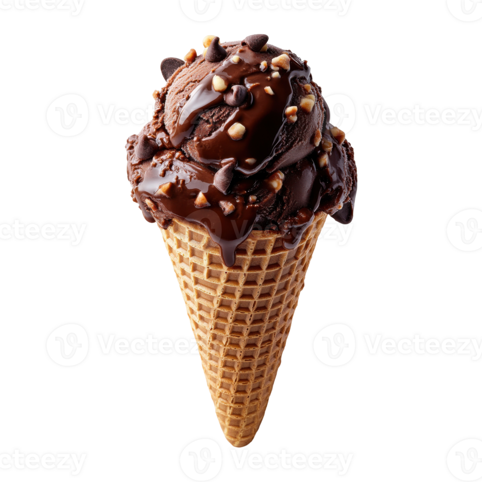 Chocolate ice cream cone with nuts and sauce on a transparent background png