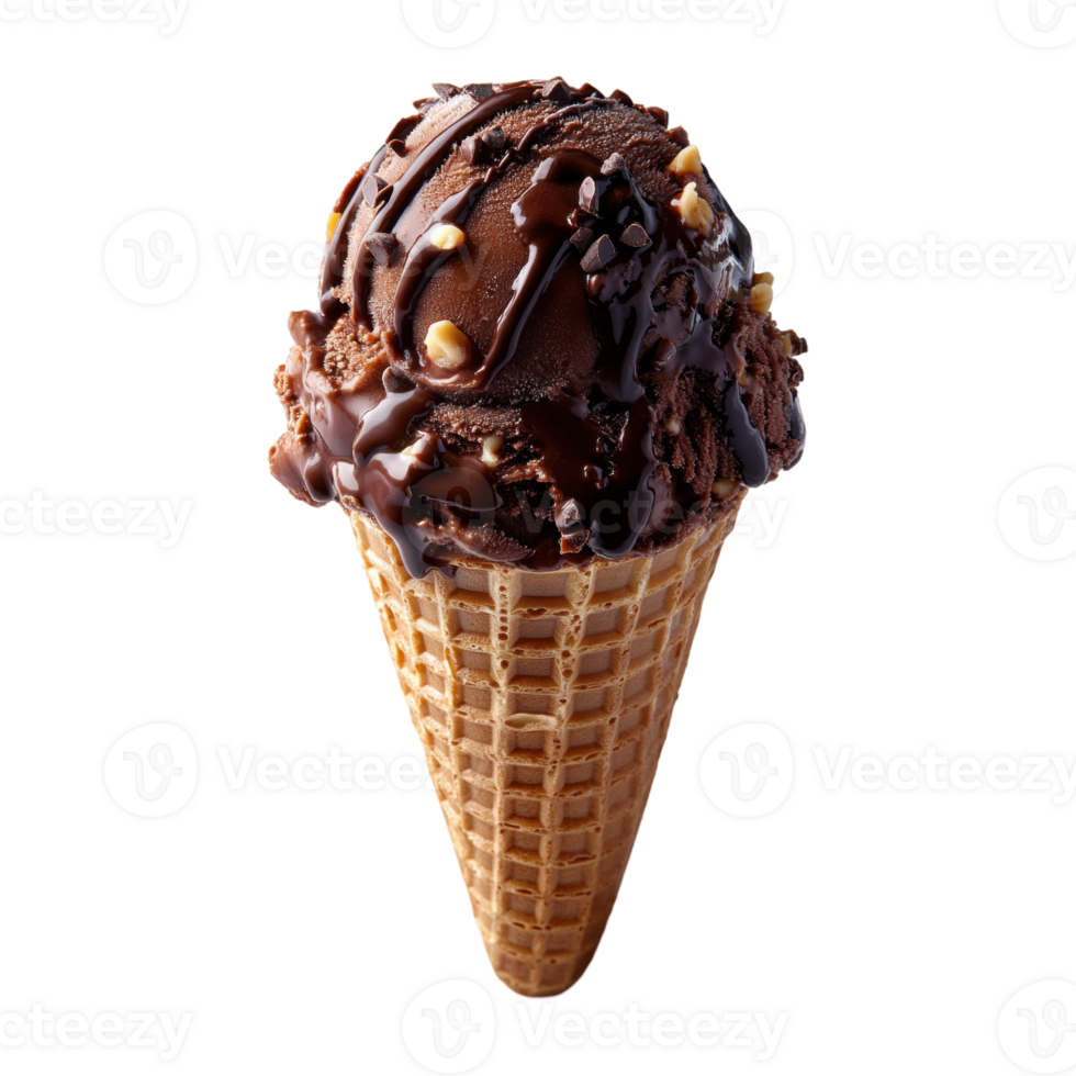 Tempting Chocolate Ice Cream Cone with Drizzled Sauce Isolated on Transparent png