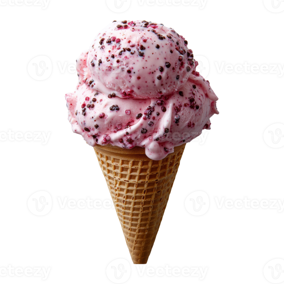 Pink Ice Cream Scoops with Berries on Waffle Cone against Transparent Background png