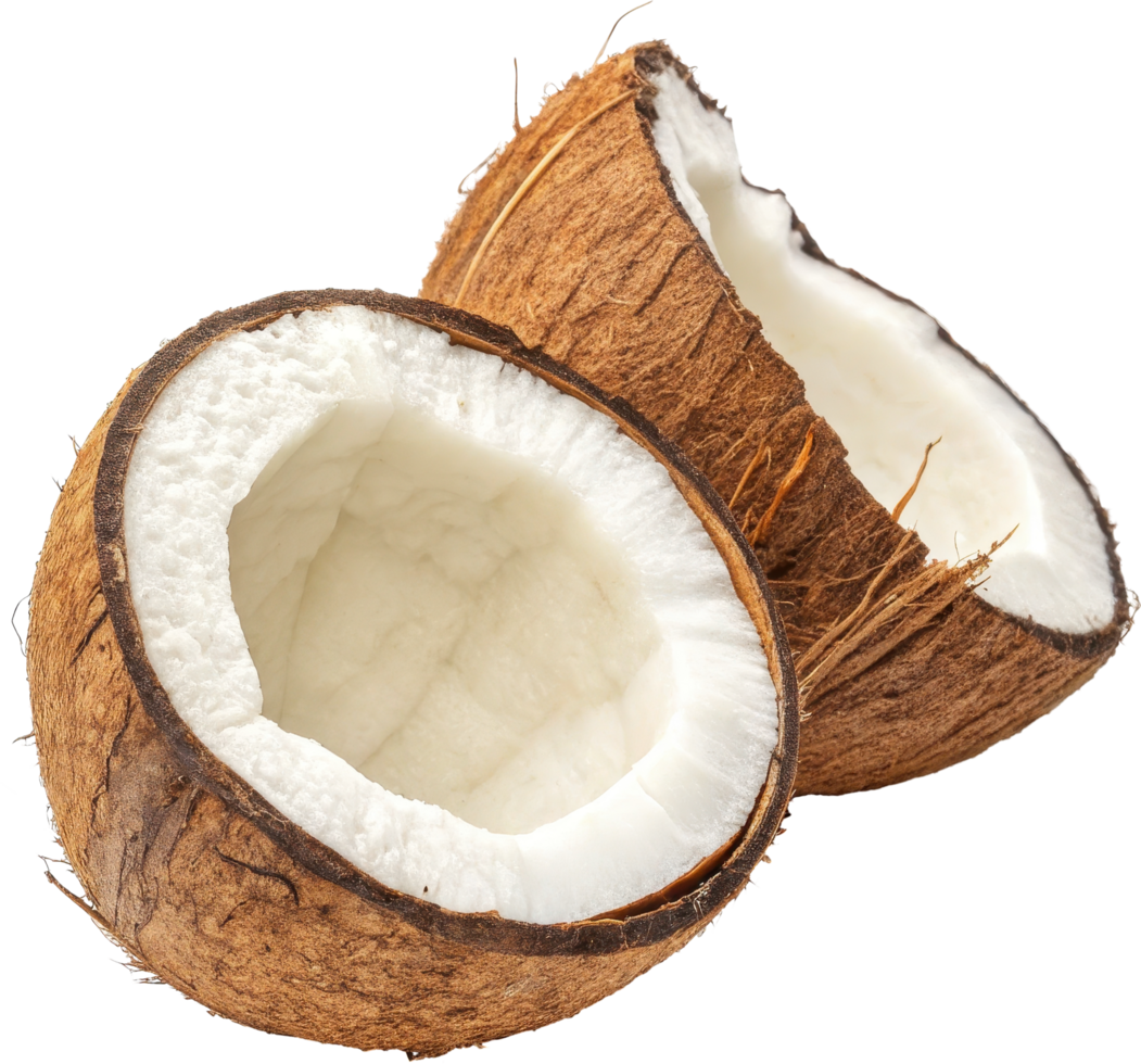 Two halves of a freshly cracked open coconut revealing the white flesh and fibrous brown shell png