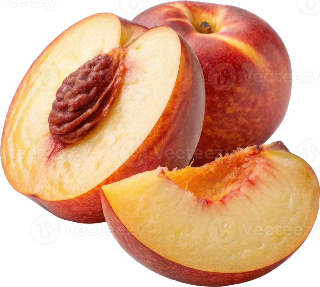 Fresh ripe nectarine fruit with sliced segments showcasing its vibrant red and yellow colors and juicy texture png