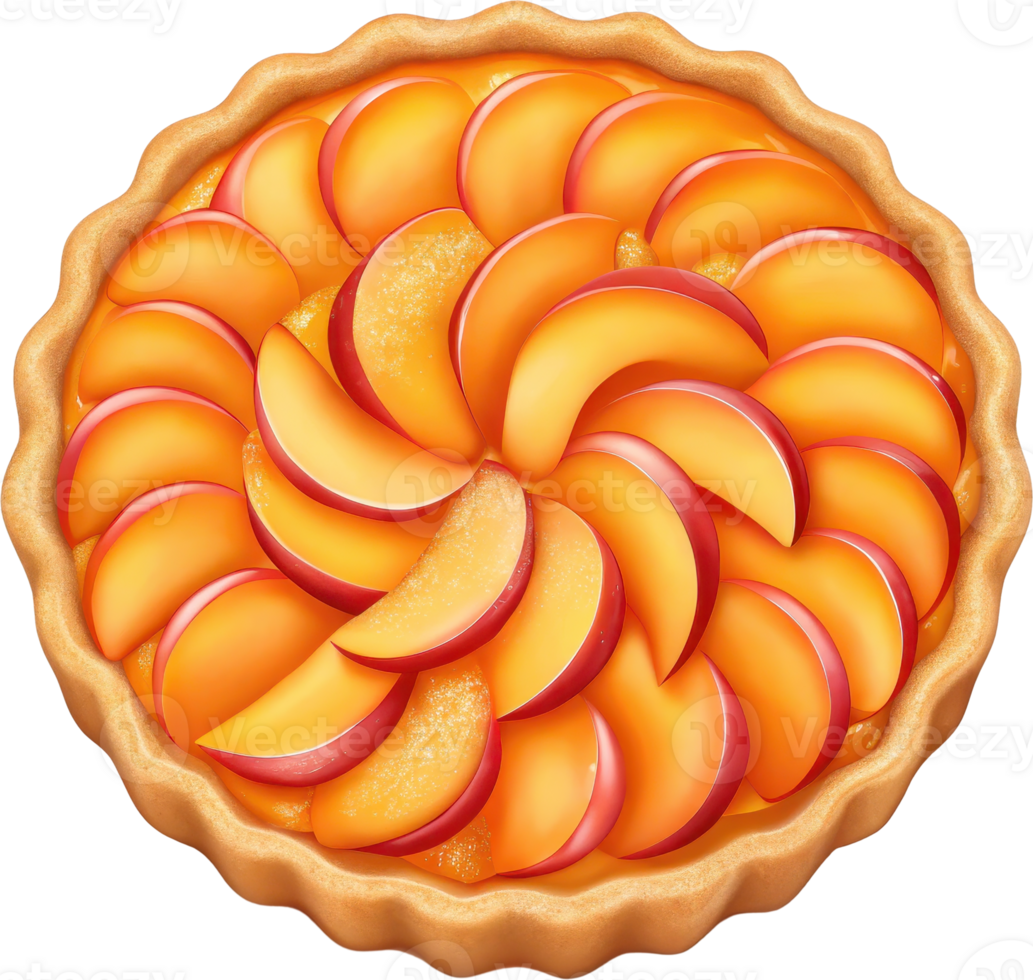 Homemade peach pie with a spiral arrangement of sliced fruit png