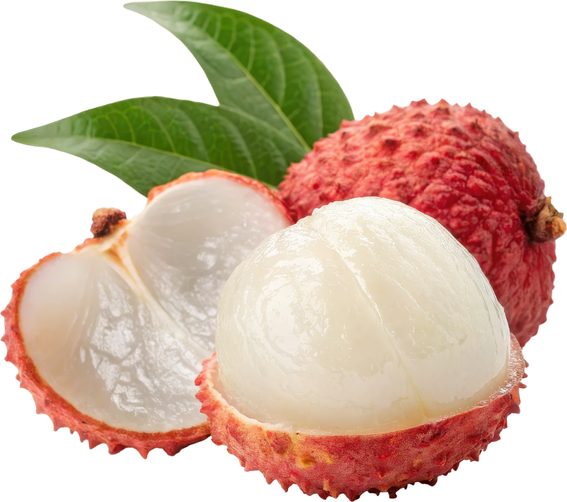 Fresh lychee fruit with leaves and pulp png