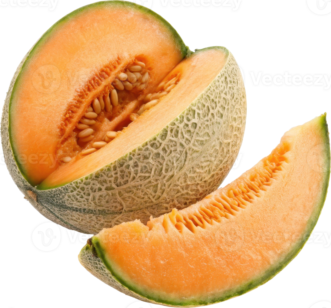 Sliced open cantaloupe or muskmelon revealing its orange sweet and juicy flesh and seeds png