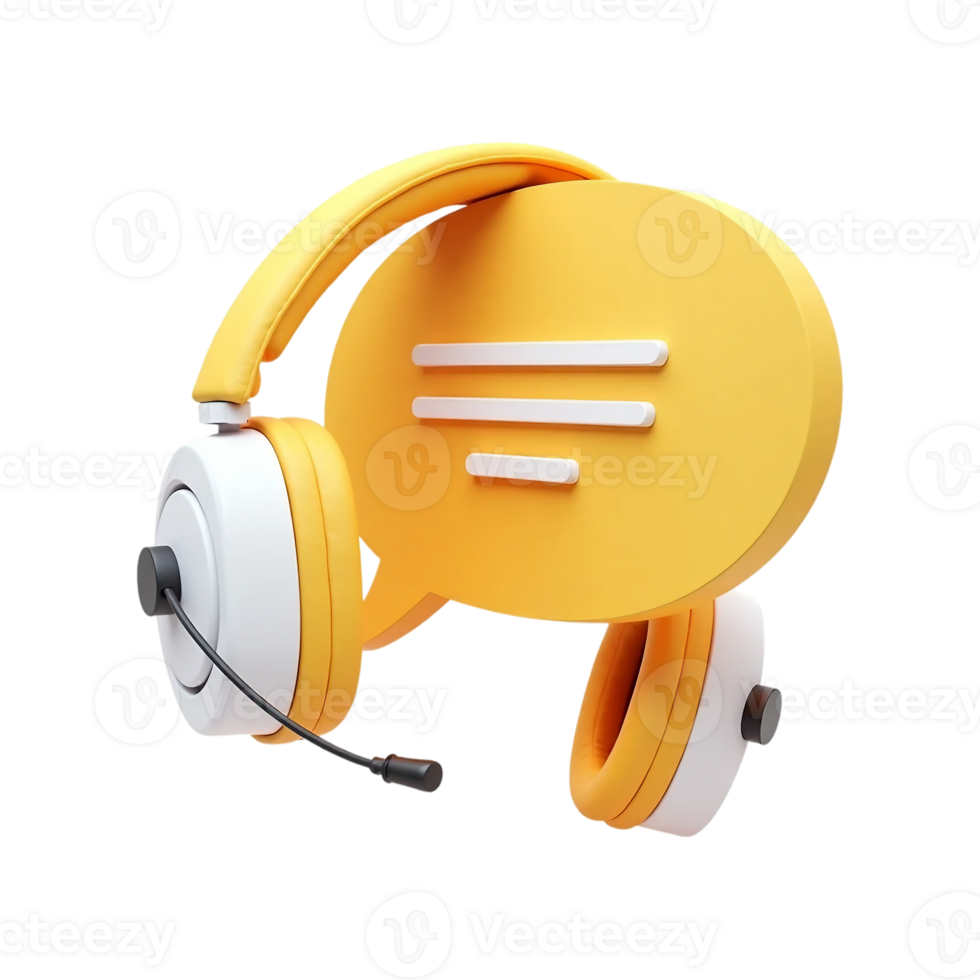 Futuristic support headset with floating speech bubble for digital assistance. png