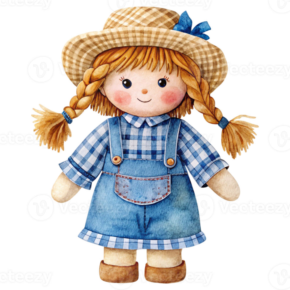 A watercolor doll with a hat and overalls png