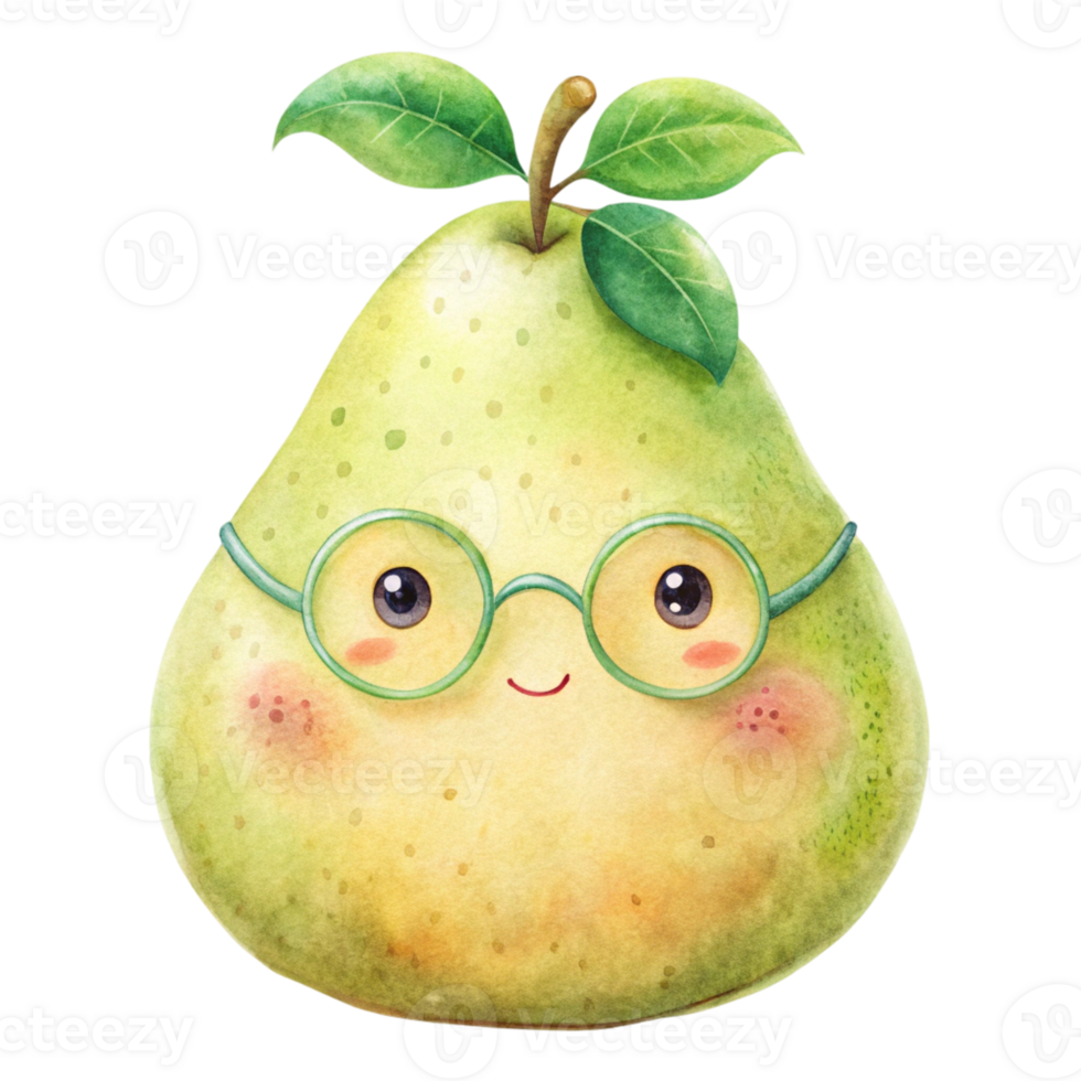 A pear with glasses and a green leaf png