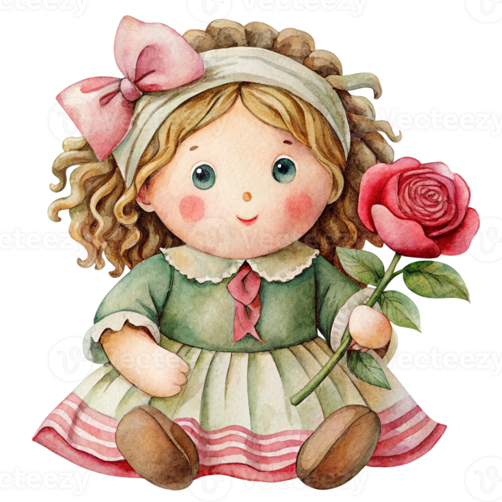 A watercolor painting of a little girl holding a rose png