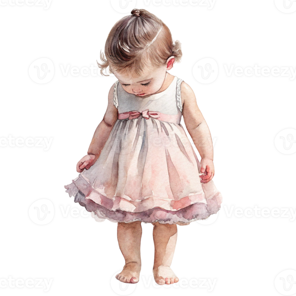 Watercolor painting of a little girl in a dress png