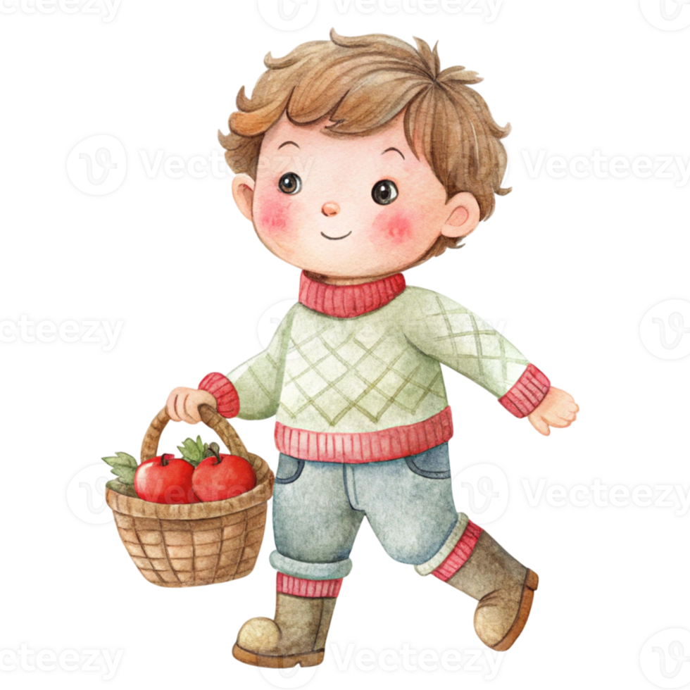 A watercolor illustration of a boy carrying a basket of apples png