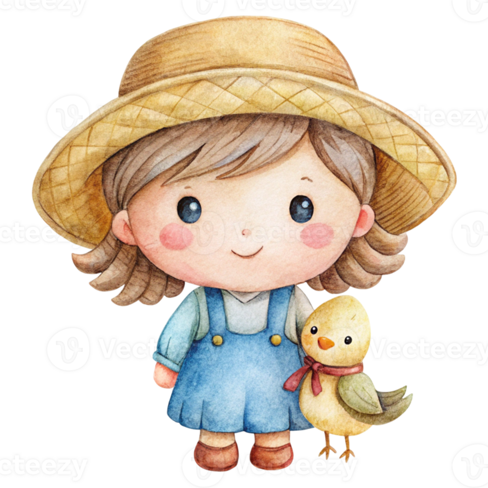 A little girl with a straw hat and a chicken png