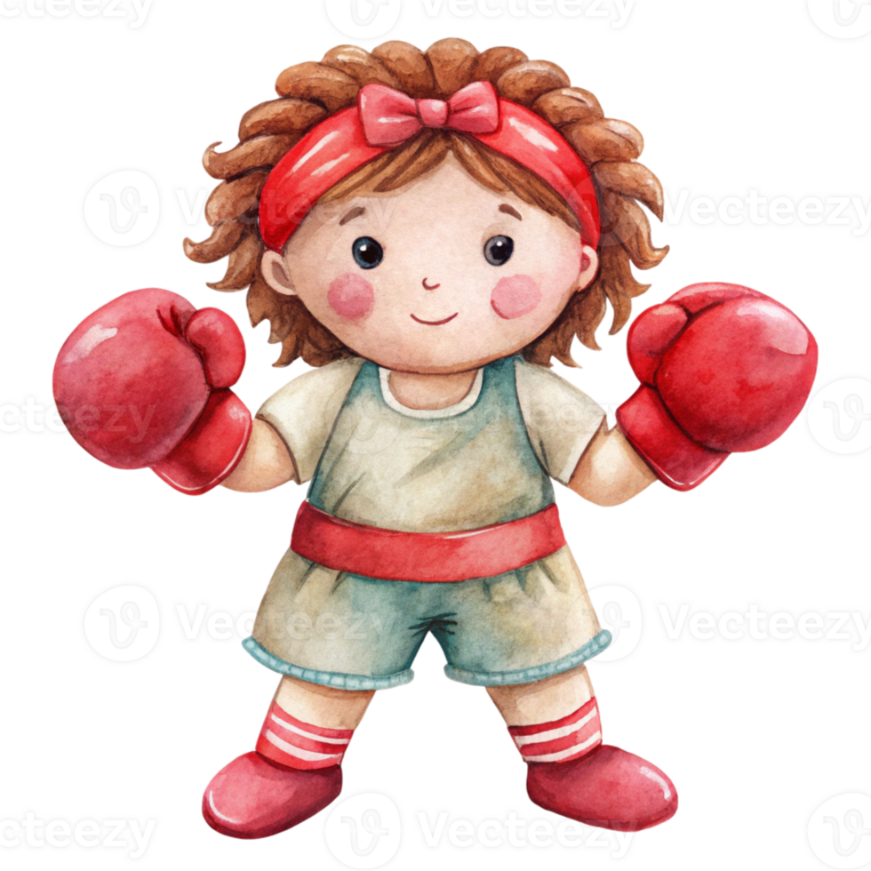 A watercolor illustration of a little girl in boxing gear png