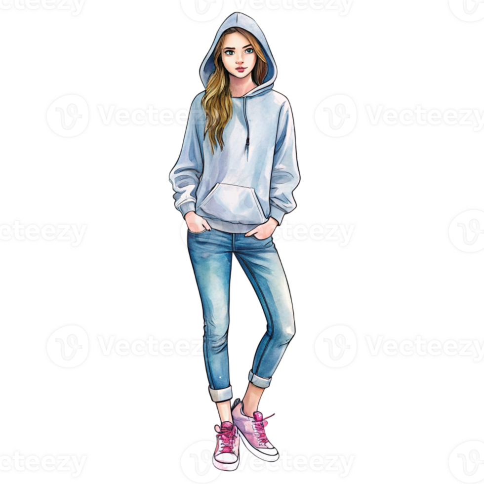 A girl in a hoodie and jeans png