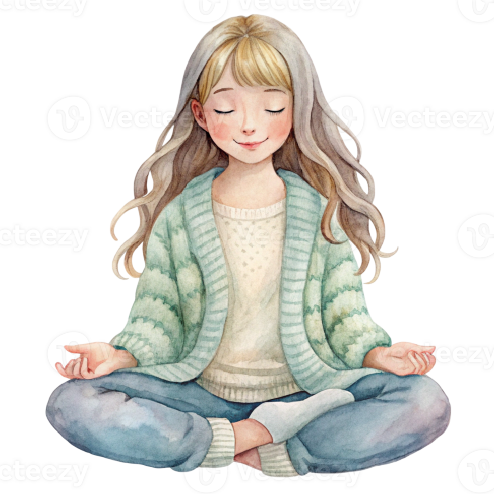 A girl in a sweater is sitting in a lotus position png