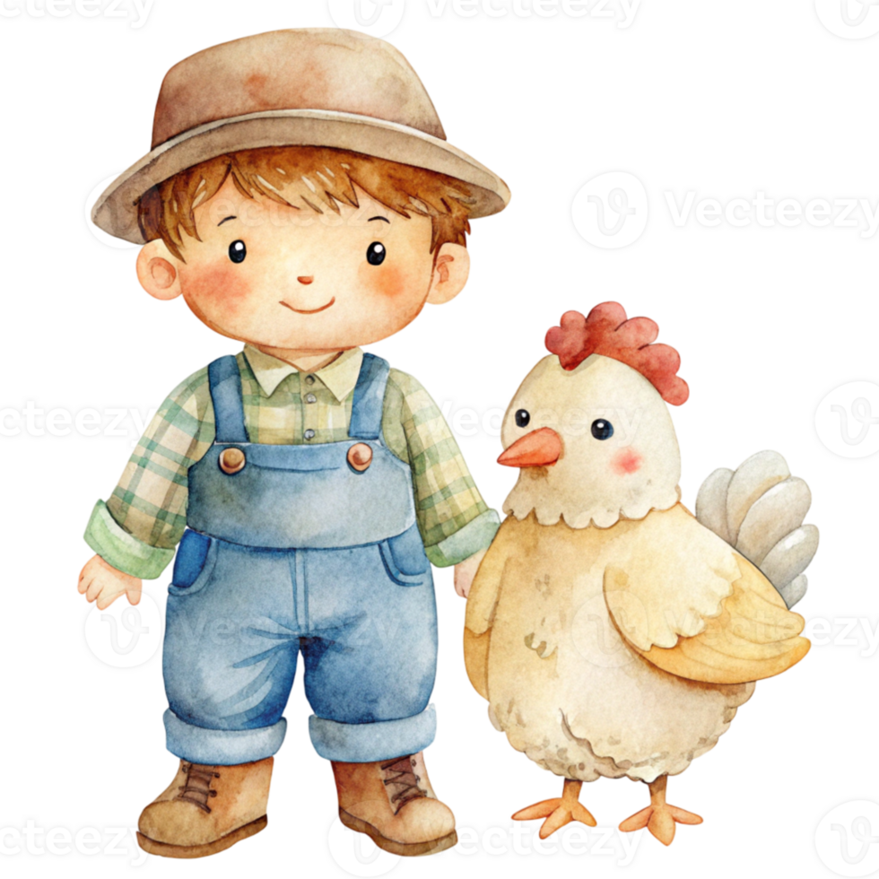A watercolor illustration of a boy and a chicken png