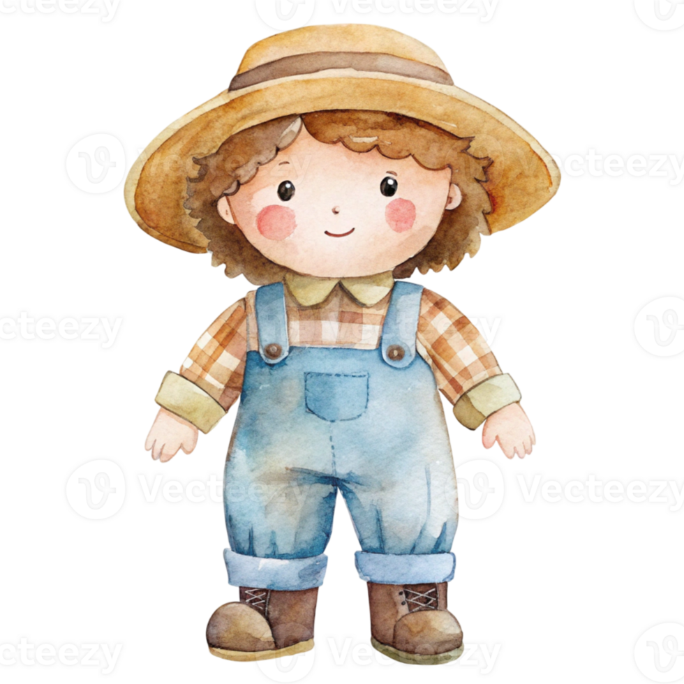 A watercolor illustration of a boy wearing overalls and a hat png