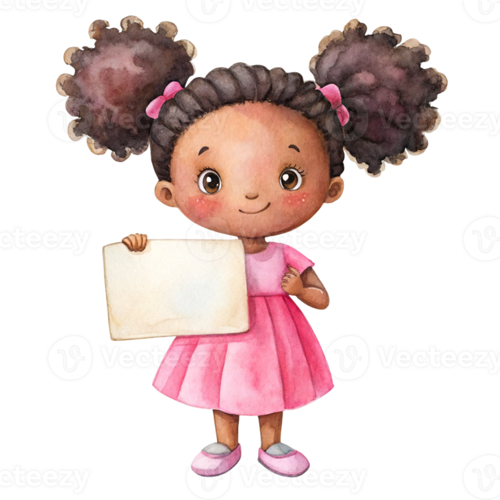 Watercolor illustration of a little girl holding a blank sign png