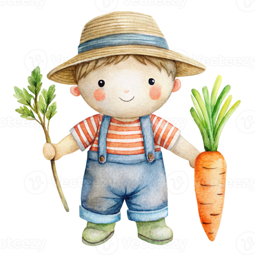 A watercolor illustration of a boy holding a carrot png