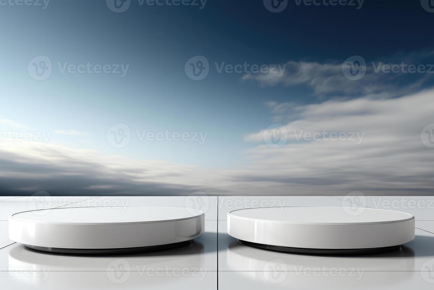 Two glossy white cylindrical platforms for product demonstration on sky background photo