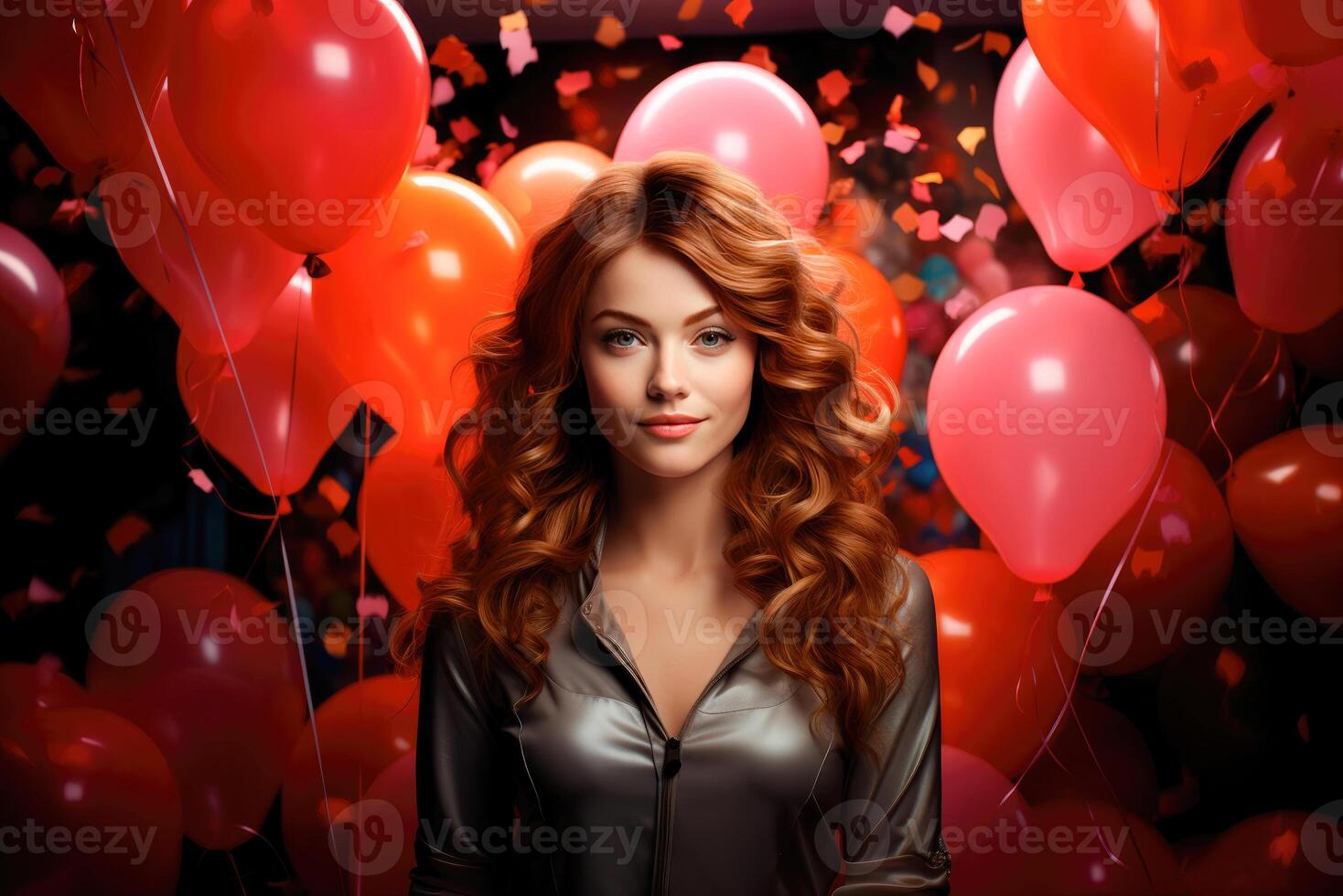 Young birthday woman with helium balloons. photo