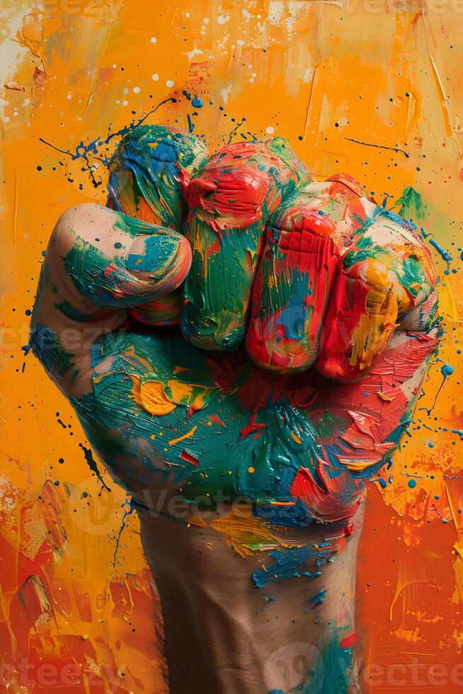A clenched fist covered in vibrant paint against a backdrop of bright color, representing creativity, expression, and the power of art. photo