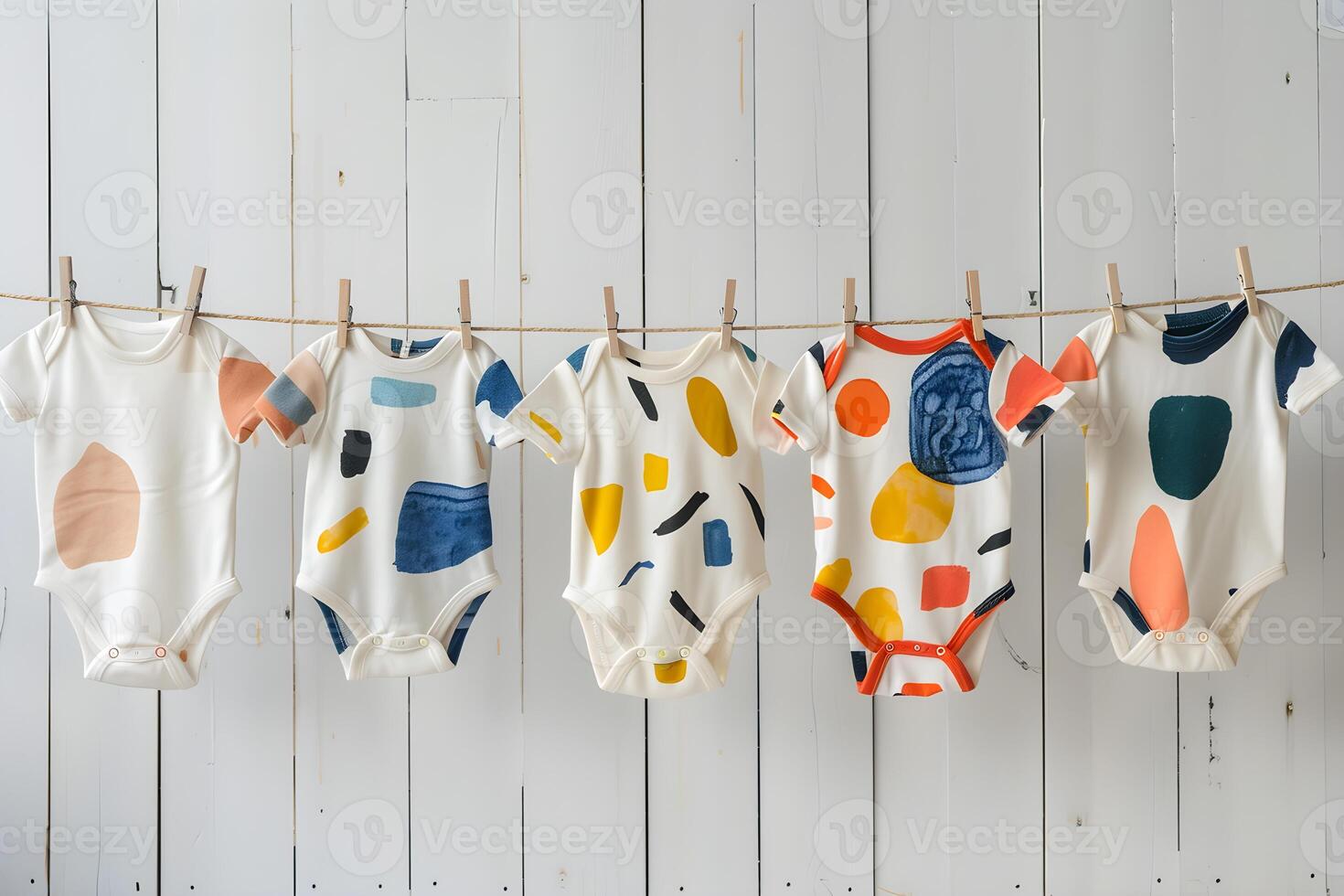 Five adorable baby bodysuits, adorned with charming prints, hang cheerfully on a clothesline, embodying the innocence and joy of early childhood. photo