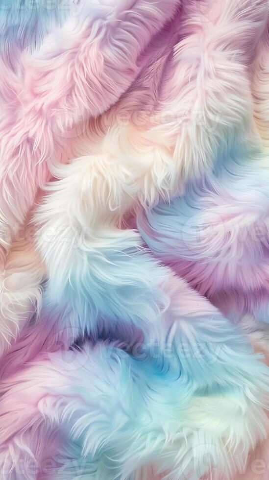 Close-up of fluffy, multi-colored fabric swirled and draped, showcasing a vibrant pastel rainbow palette. photo