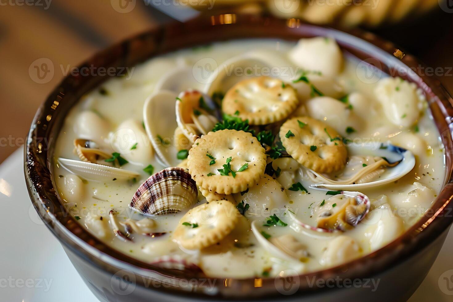 A bowl of creamy clam chowder, garnished with crackers and fresh herbs, presenting a comforting and flavorful culinary experience. photo