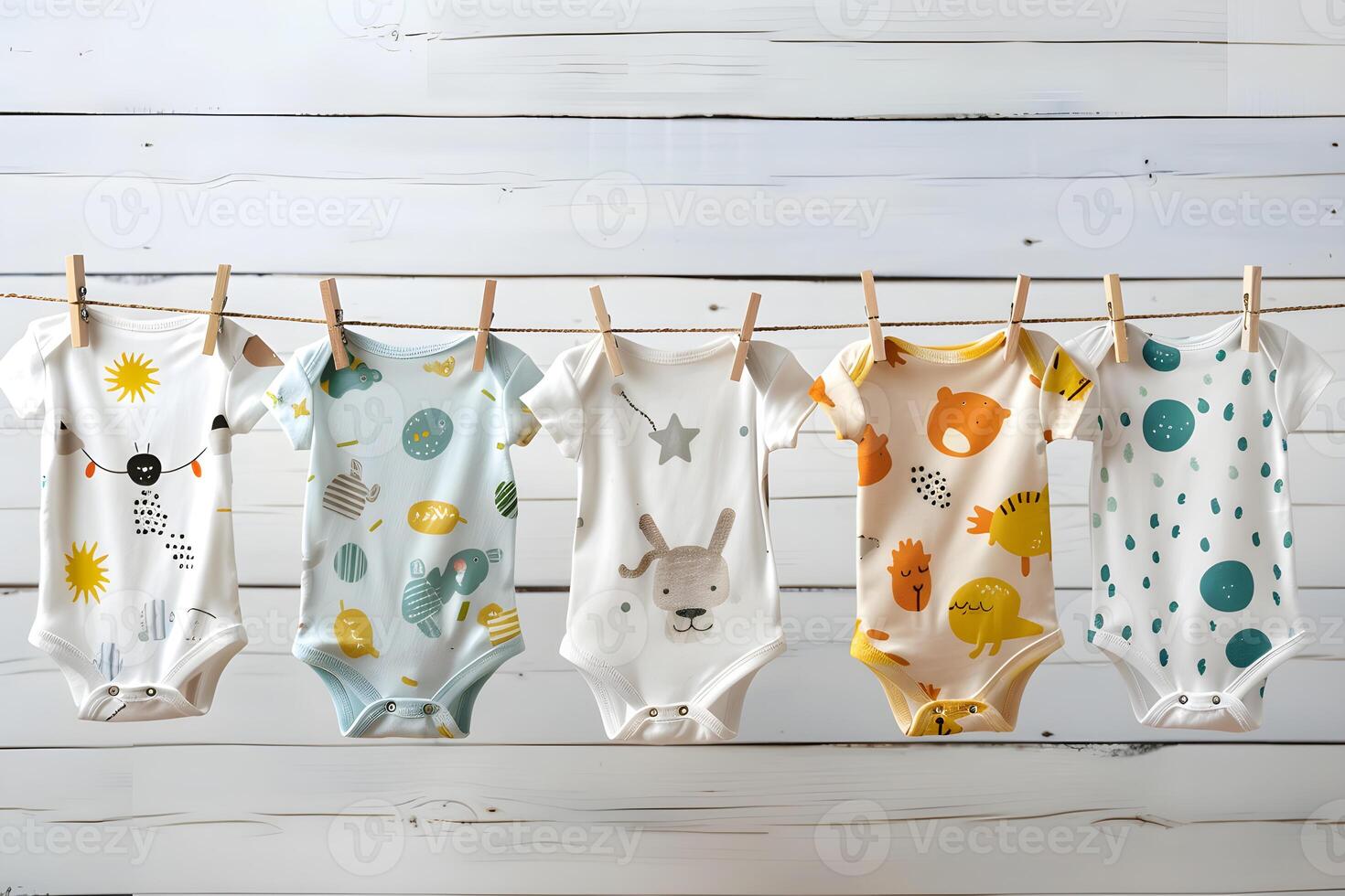 Charming baby onesies with playful patterns and soft colors hang on a clothesline, exuding comfort. photo
