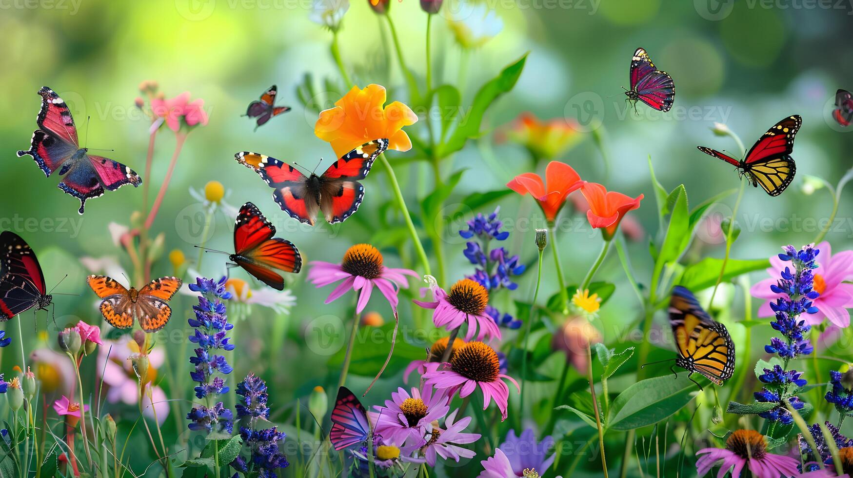 A vibrant scene of colorful butterflies flitting amidst a blooming wildflower meadow, embodying the essence of summer and the beauty of nature. photo