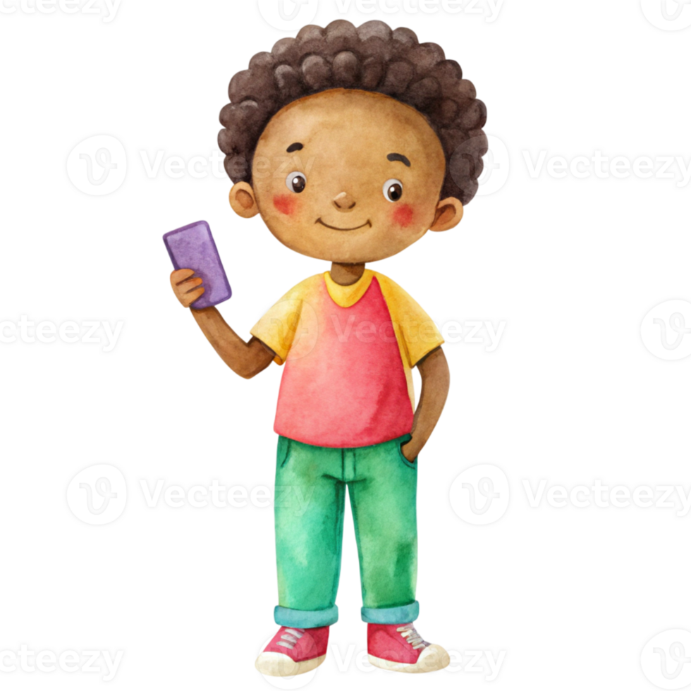 A cartoon boy holding a phone and smiling png
