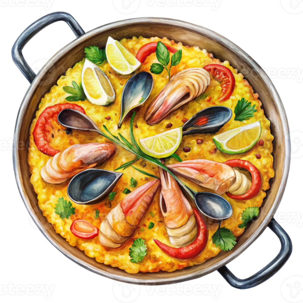 A paella with seafood and vegetables in a pan png