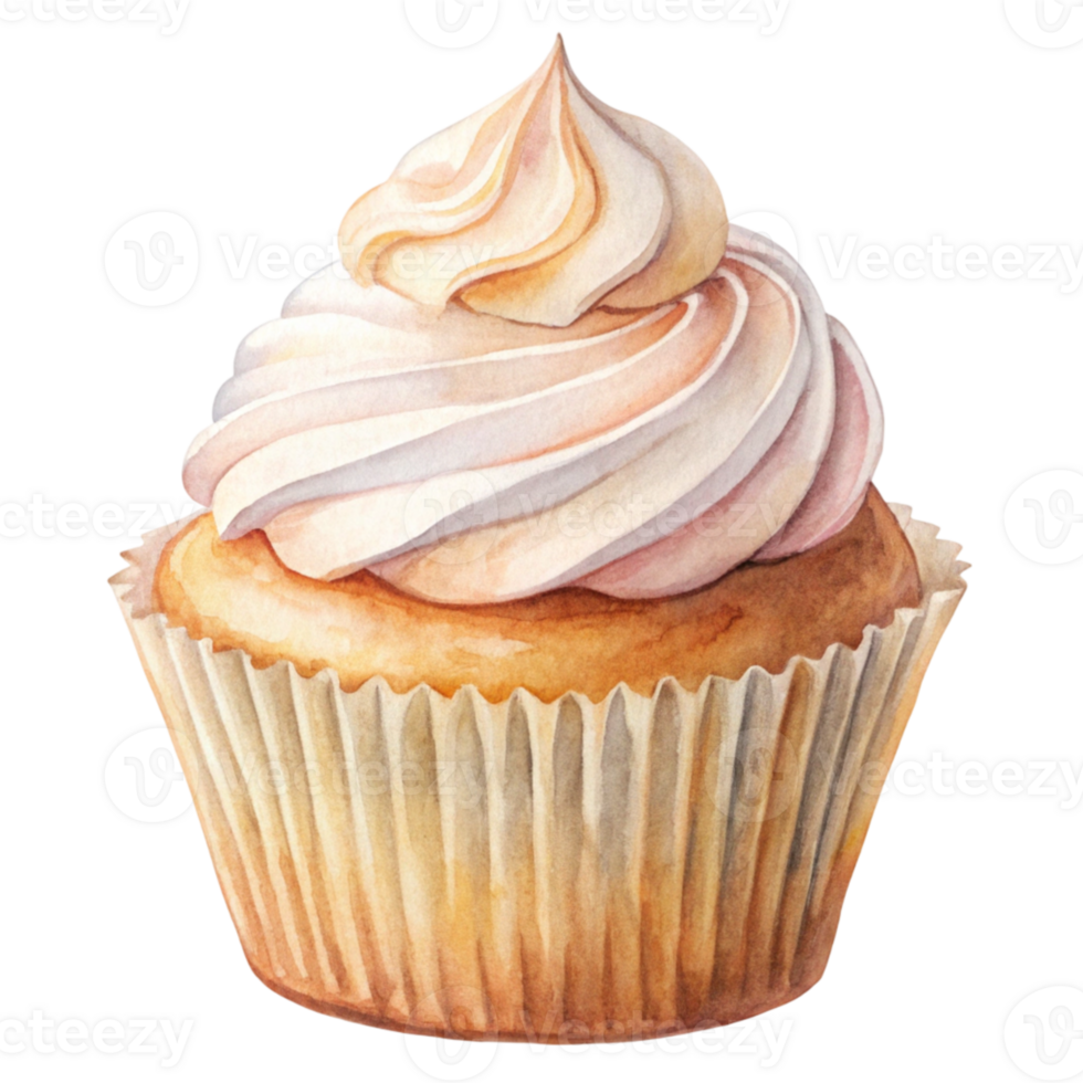 Watercolor illustration of a cupcake with cream frosting png