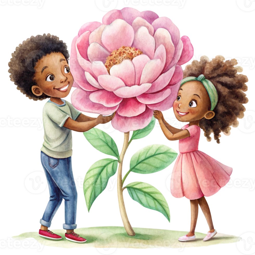 Two children are holding a large pink flower png
