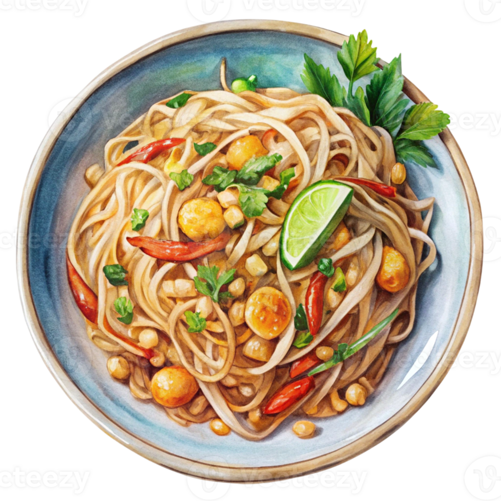 A painting of noodles with vegetables and herbs png