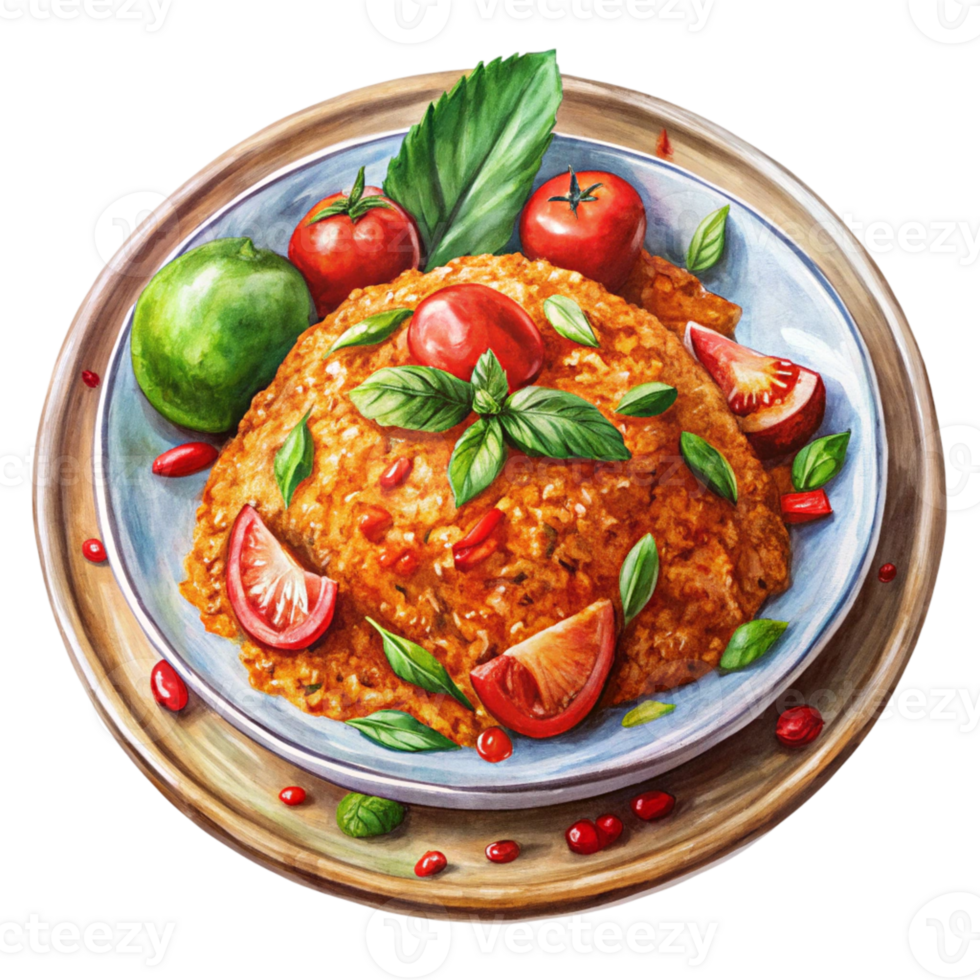 A painting of a plate of rice and tomatoes png