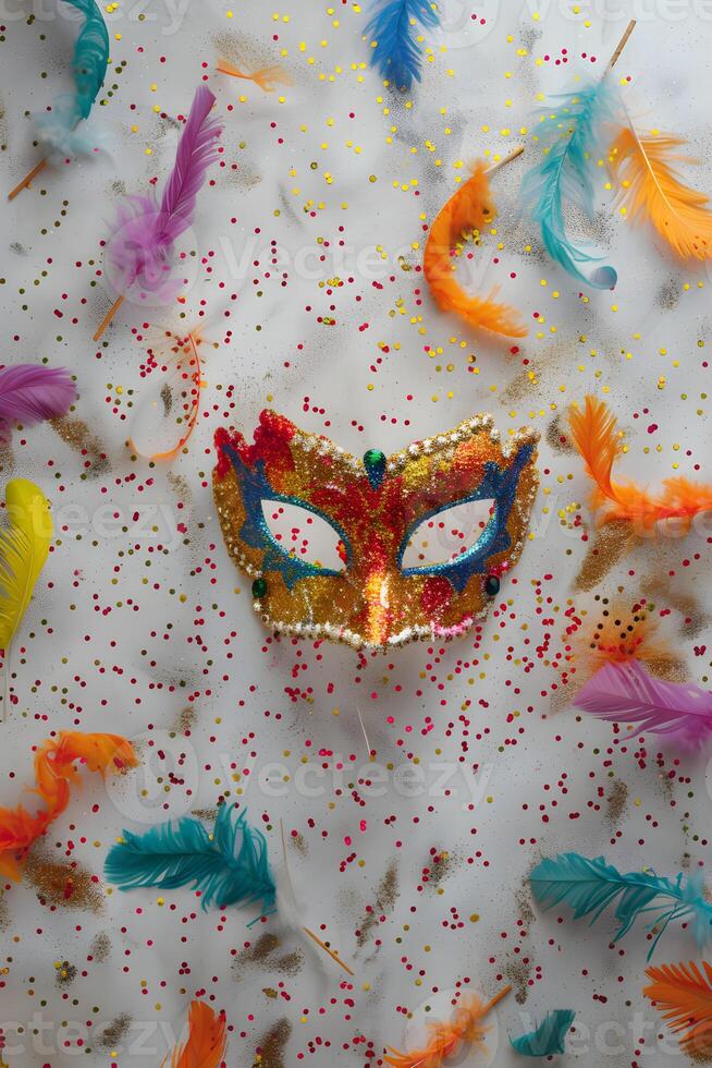 A festive carnival mask, adorned with vibrant colors and intricate details, lies surrounded by scattered feathers and confetti, creating a whimsical scene of celebration. photo