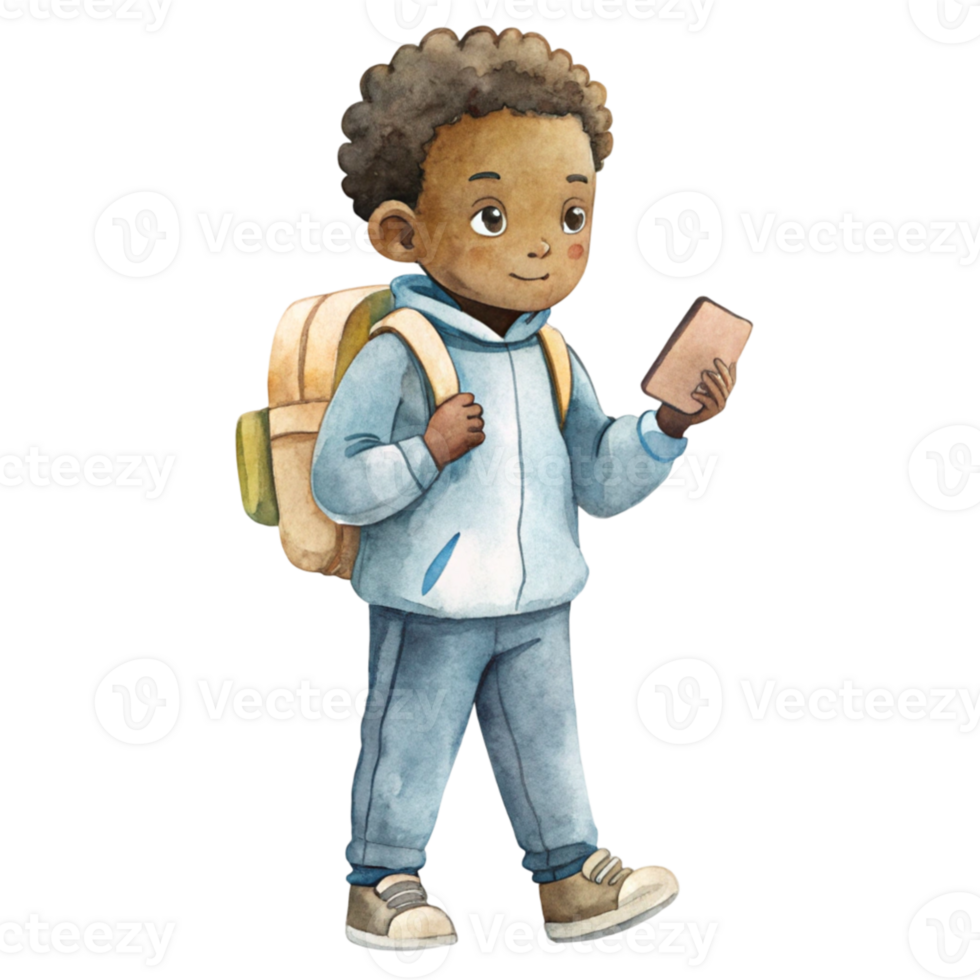 An illustration of a boy with a backpack and phone png