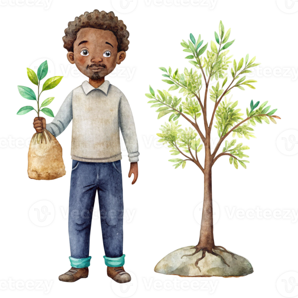 A black man holding a plant and a tree png