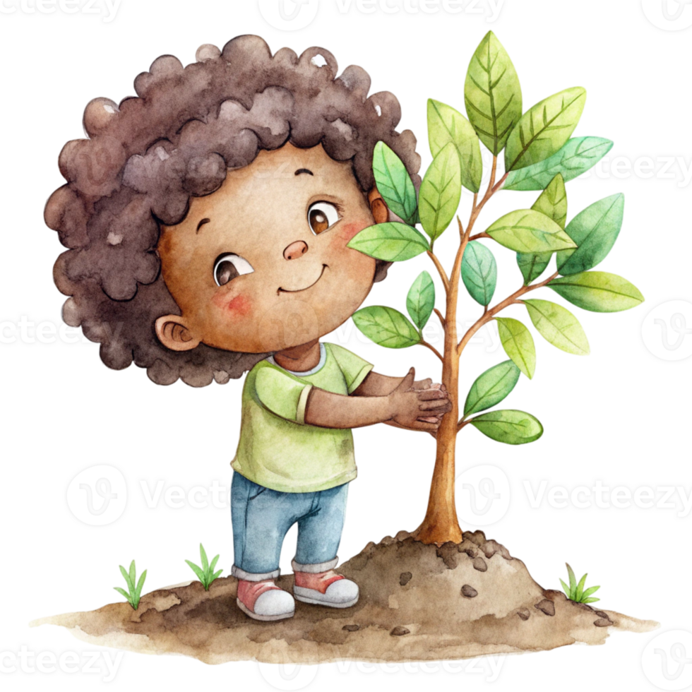 Watercolor illustration of a little boy planting a tree png