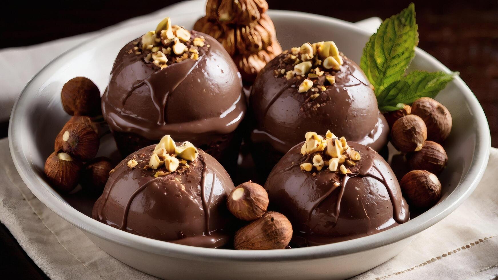 Chocolate balls with nuts and mint leaves in a bowl photo