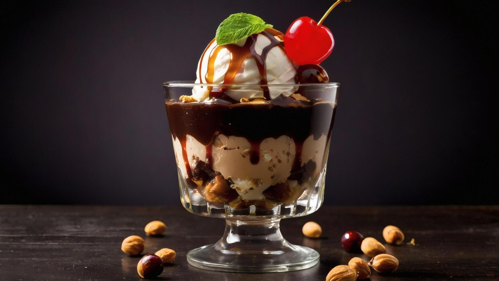 A dessert with ice cream, nuts and cherries photo