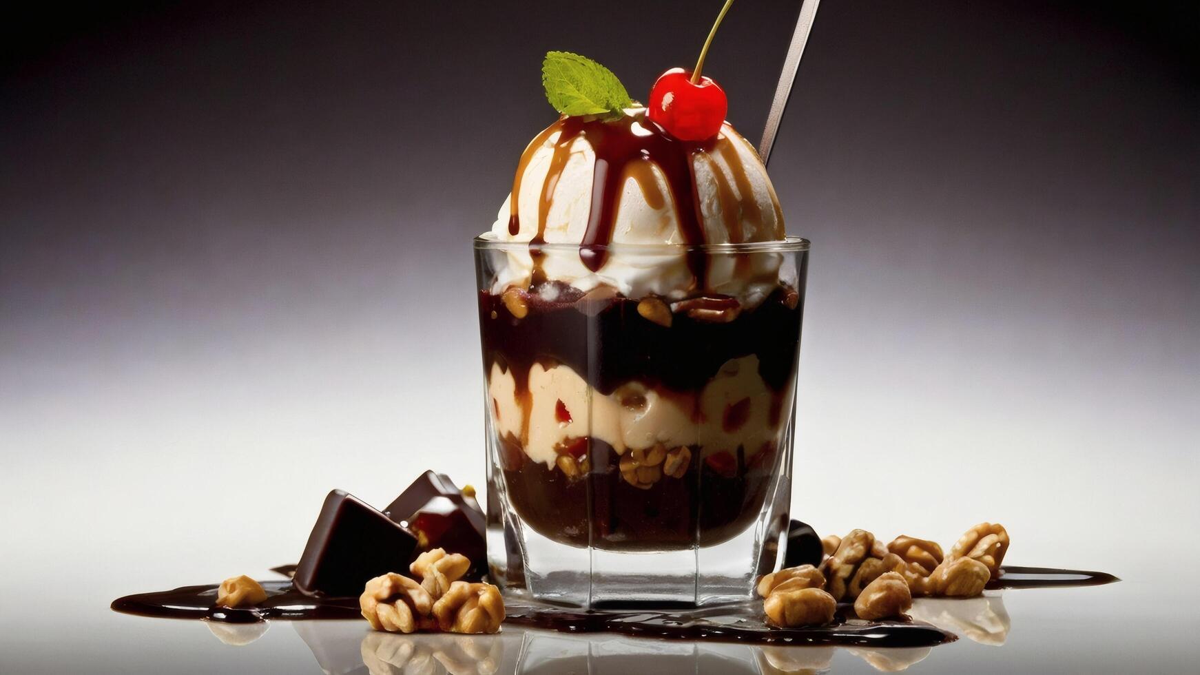 A dessert with ice cream, chocolate and cherries photo