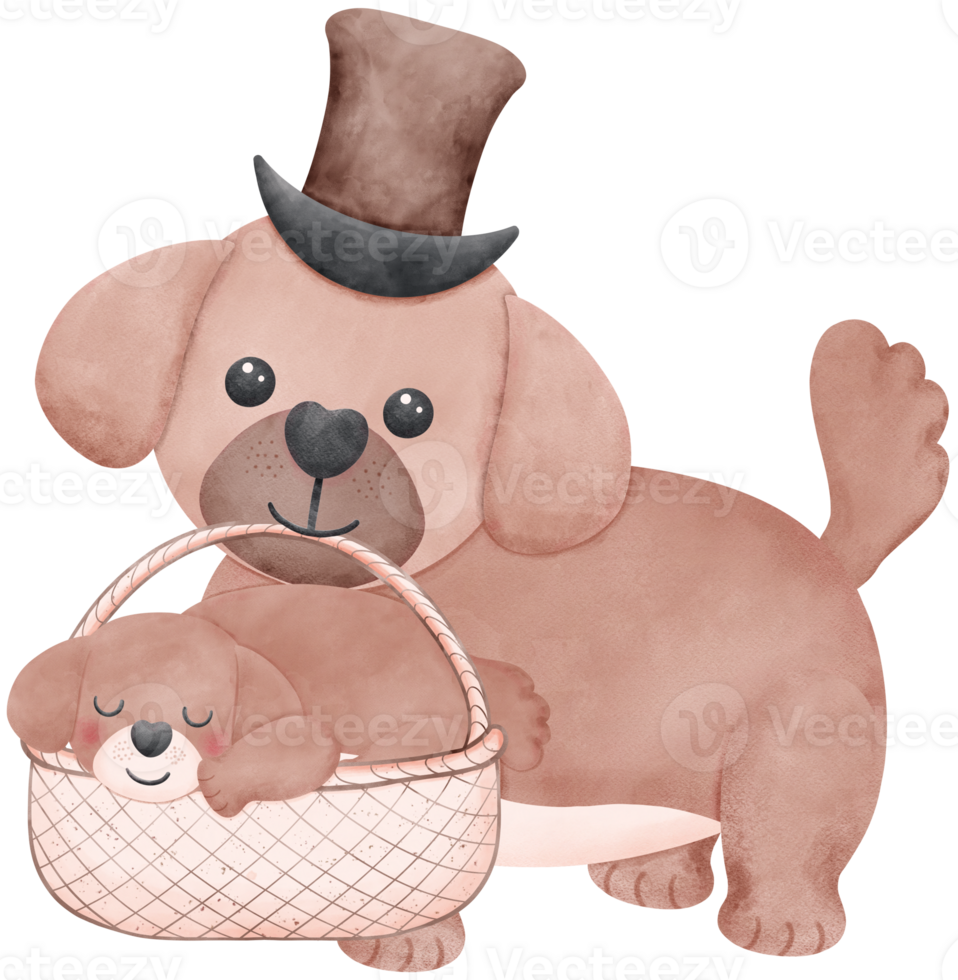 Father's Day Dog and Baby A father dog carries a basket of puppies in watercolor style illustration png