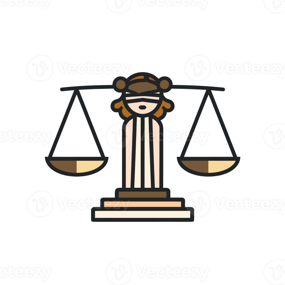 A stylized depiction shows a blindfolded lady holding a balanced scale, symbolizing justice and impartiality. cutouts png