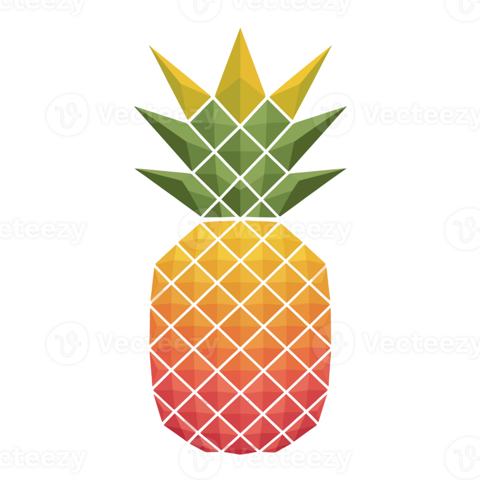 A geometric representation of a pineapple is created using interconnected triangles in shades of green, yellow, and red cutouts png