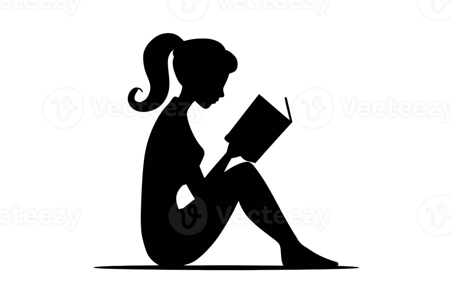 A silhouette of a seated person shows them engaged in reading a book, with a ponytail and relaxed posture cutouts png