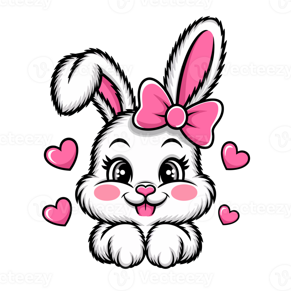 A bunny with a pink bow sits surrounded by pink hearts. Its big eyes and playful expression give it a cheerful and friendly appearance. cutouts png