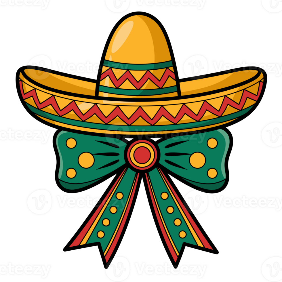 sombrero is adorned with traditional patterns in yellow, red, and green, sitting above a decorative bow with matching colors and circular accents cutouts png